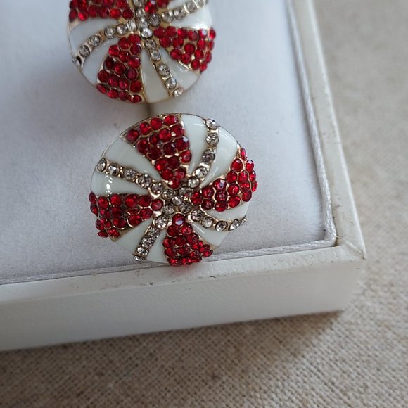 Candy Can Red and white enamel & rhinestone round swirl earrings - Picture 3 of 4